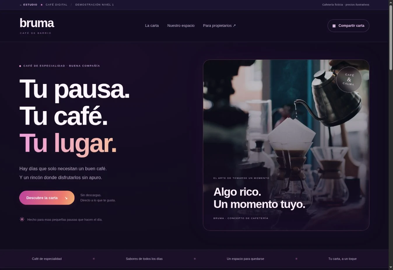 Vista de Bruma, la demostración de carta digital de una cafetería