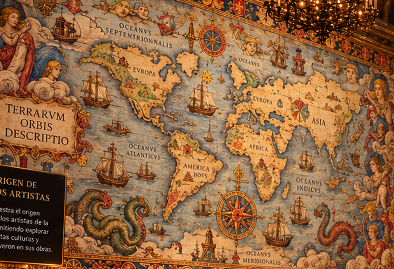 Mapamundi mundial recreado con ornamentación de cartografía antigua y costas actuales